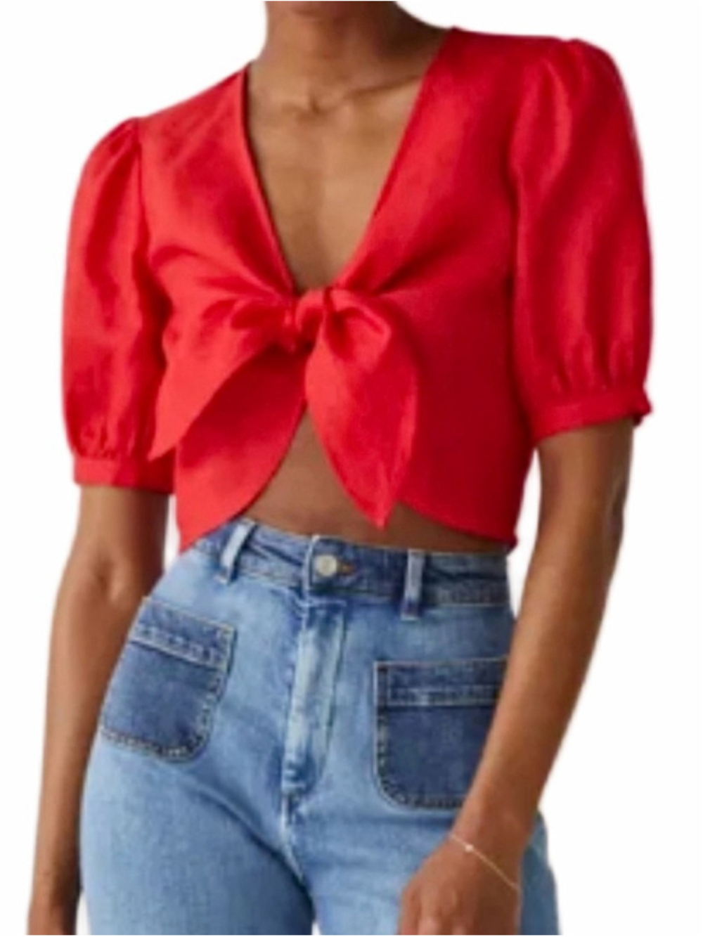 & Other Stories pure linen red cropped tie front knot puff sleeve top EU 38 - Picture 3 of 17
